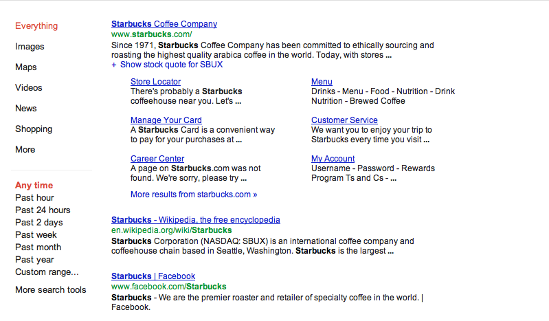 Facebook stránka firmy Starbucks v Google